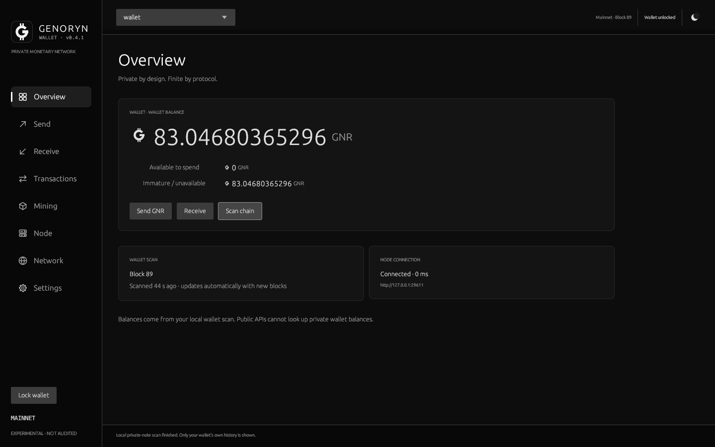 Overview — balance from your own local scan; immature mining rewards shown separately.